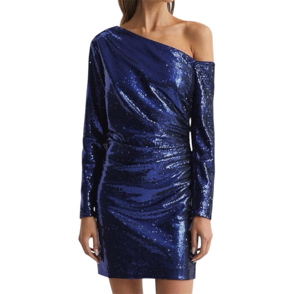 REISS Tamara Blue Sequined Mini Dress Women’s Size 10 Cocktail Glam One Shoulder